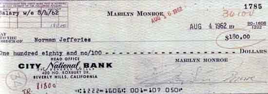 Банковский чек, выписанный Мэрилин Монро